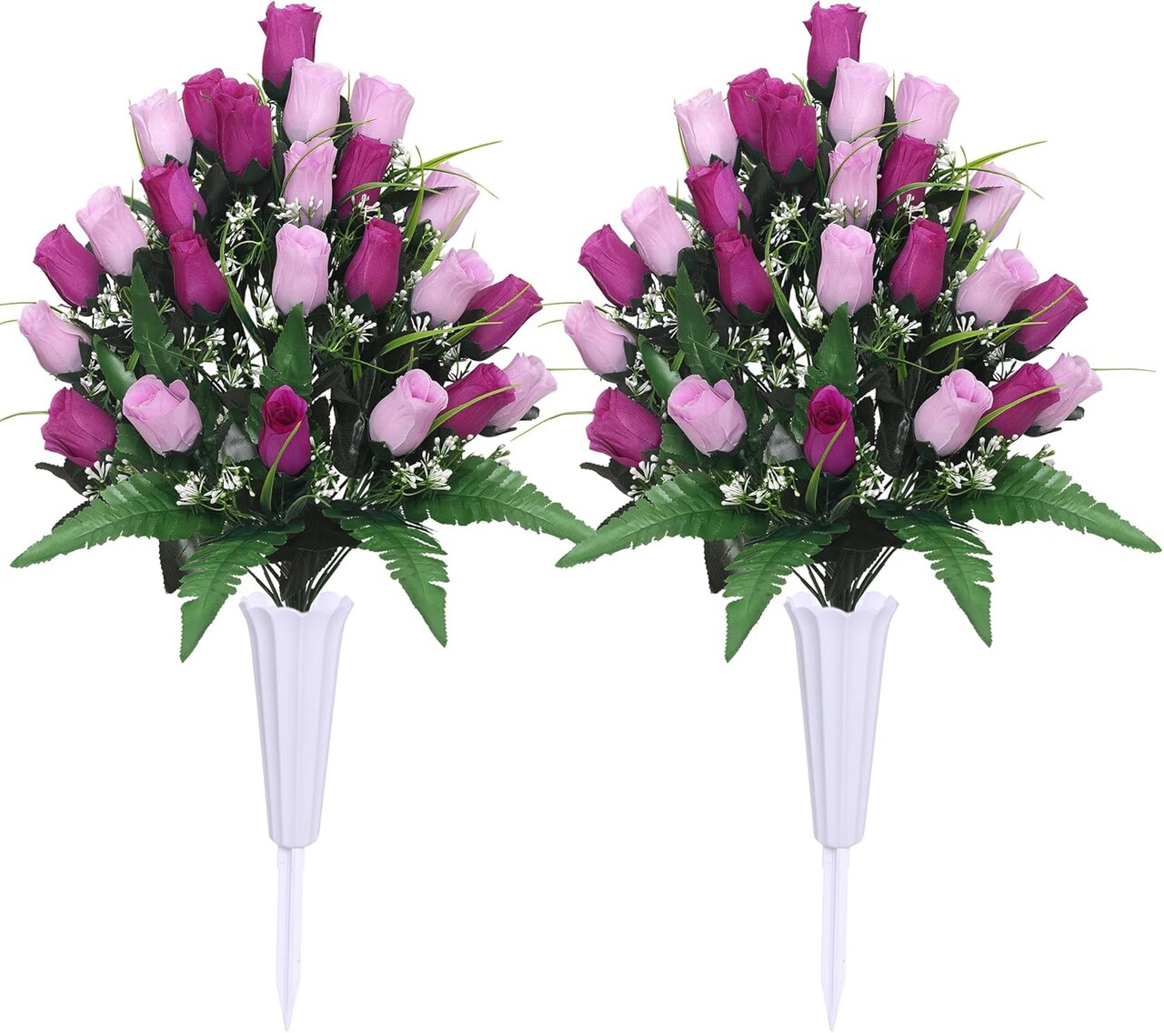 Artificial Cemetery & Memorial Flowers with Vase – Purple Silk Rose Gravesite Bouquet, Outdoor All-Weather Grave Decoration, Long-Lasting Memorial Arrangement (2 Bouquets)